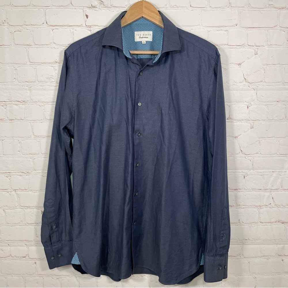 Ted Baker Endurance Shirt Men's Size 16 Blue Long Sleeve Geometric Flip Cuffs